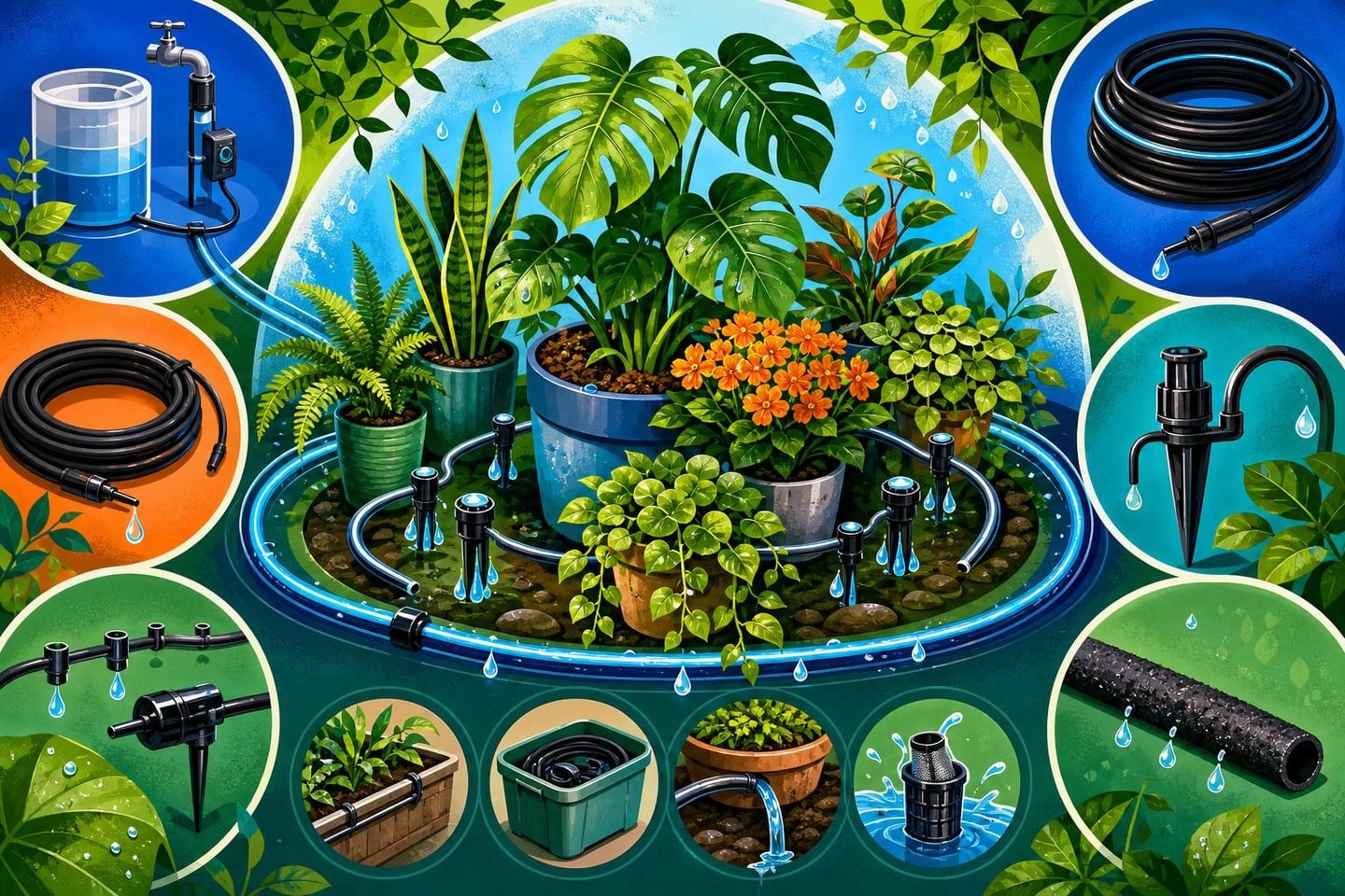 A small balcony garden with several healthy potted plants and a generic gravity-fed watering setup