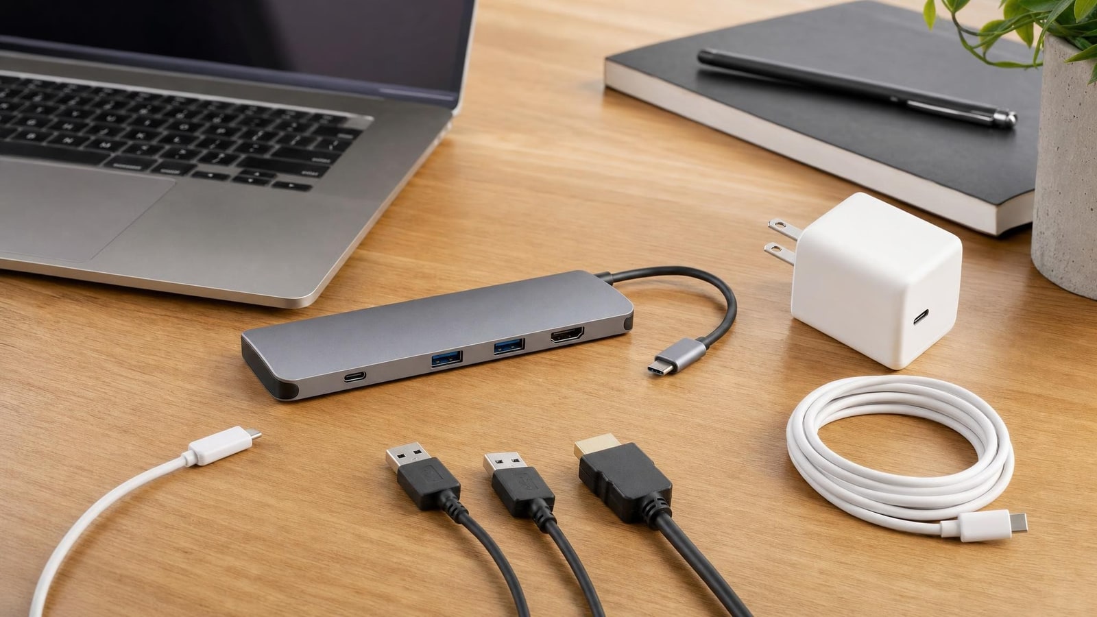 A generic laptop workspace with an unbranded compact USB-C hub, charger and a few cables arranged separately for a port-planning audit