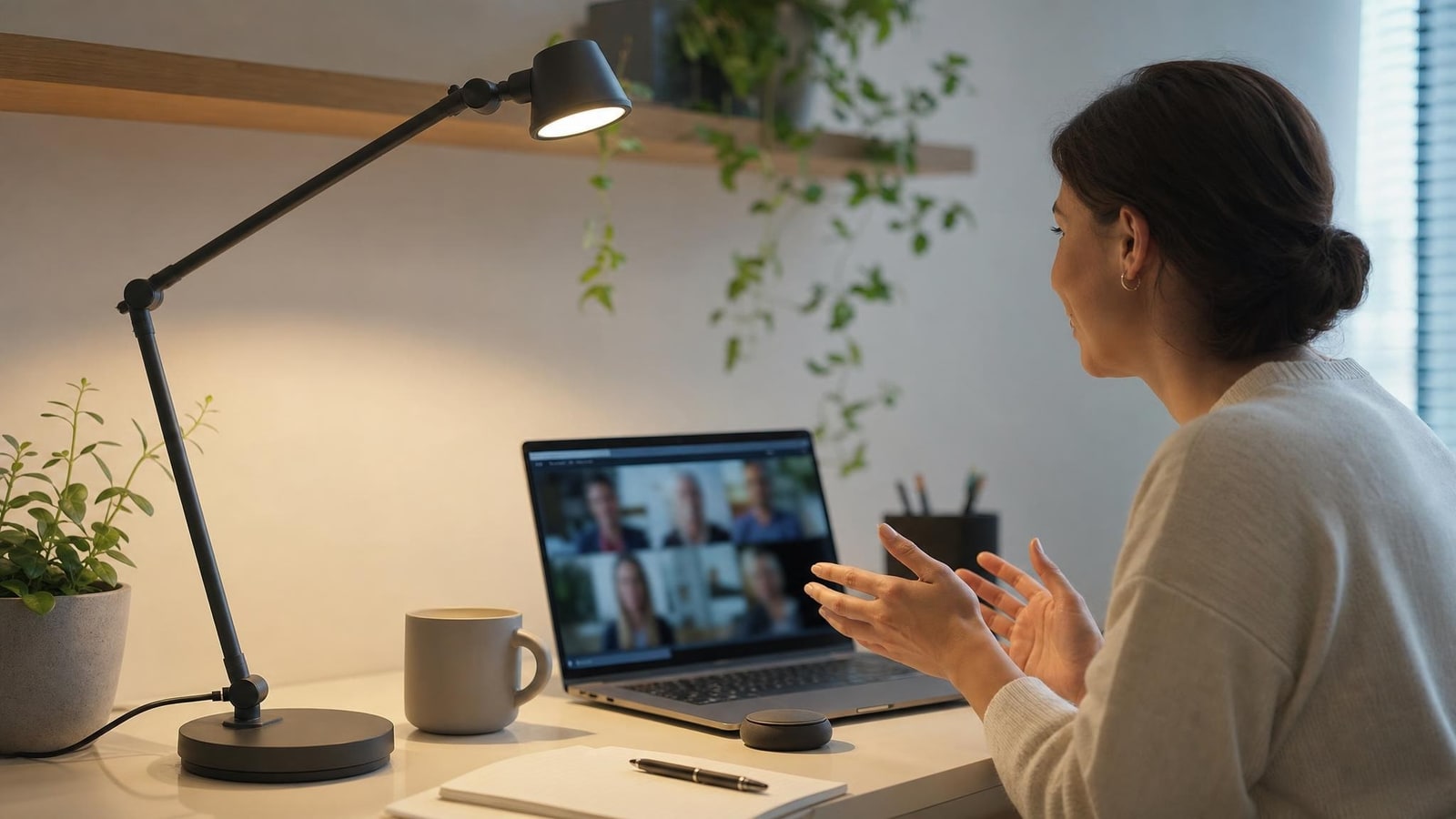 A realistic home desk prepared for a video call with a plain adjustable lamp placed above eye level and off axis, laptop screen abstract and unreadable